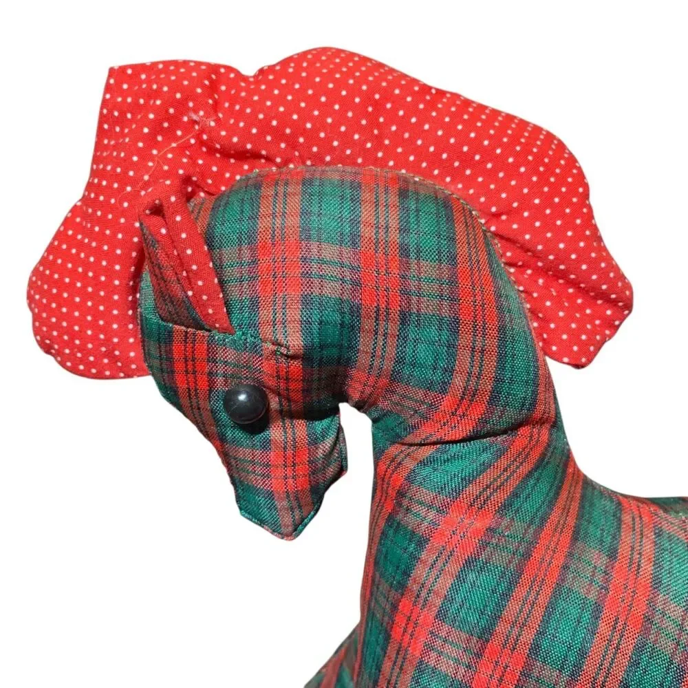 Vintage Handmade Red Green Plaid Rocking Horse Plush Christmas Holiday Stuffed